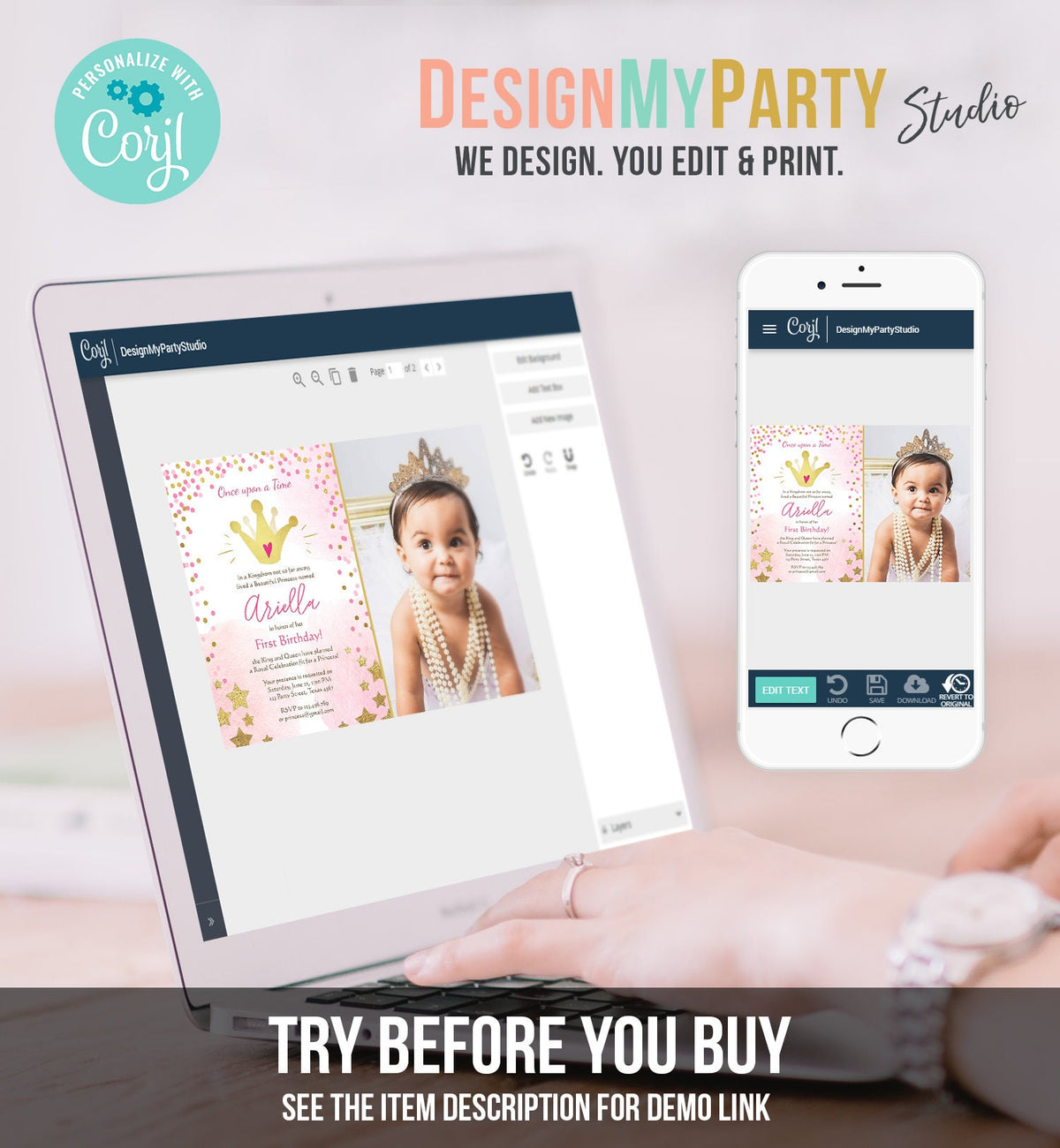 Editable Princesses Birthday Invitation Pink Gold Glitter Confetti Crown Princess First Birthday 1st Download Corjl Template Printable 0232