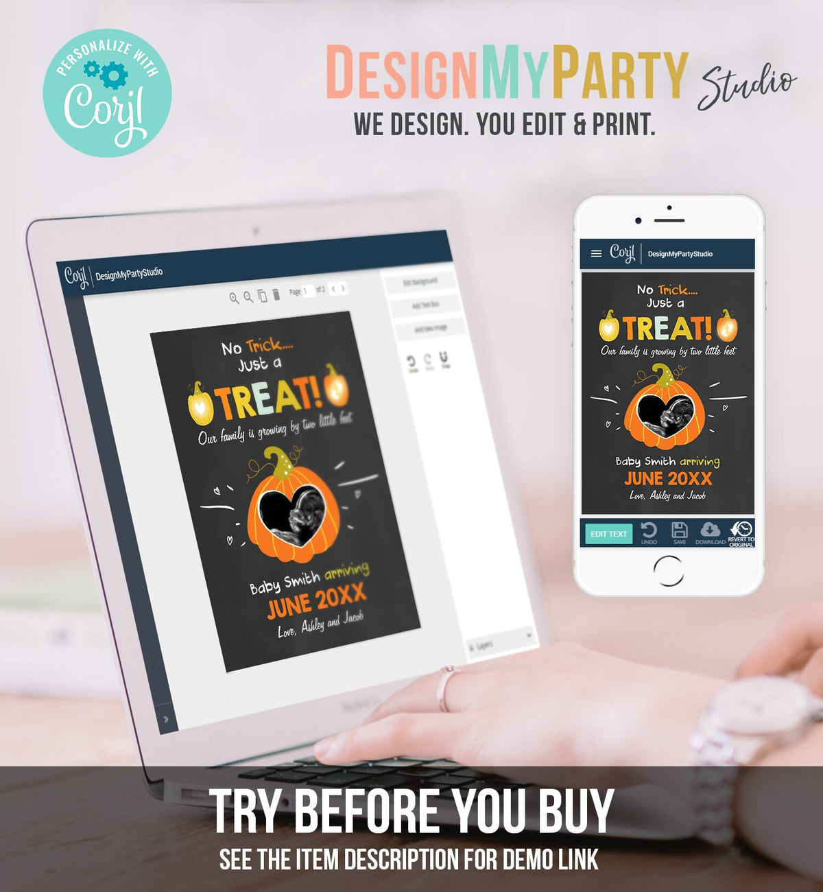 Editable Pumpkin Pregnancy Announcement Ultrasound Echo Halloween Trick or Treat Little Feet Thanksgiving Fall Autumn Corjl Template 0312