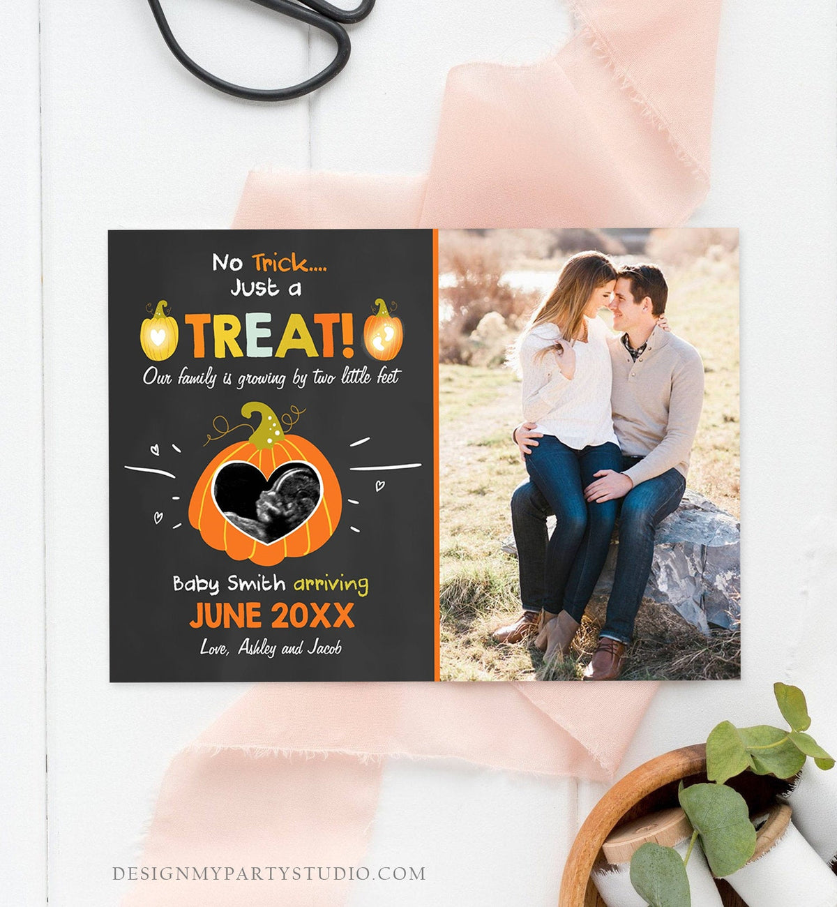 Editable Pumpkin Pregnancy Announcement Halloween Trick or Treat Little Feet Thanksgiving Fall Autumn Ultrasound Photo Corjl Template 0312