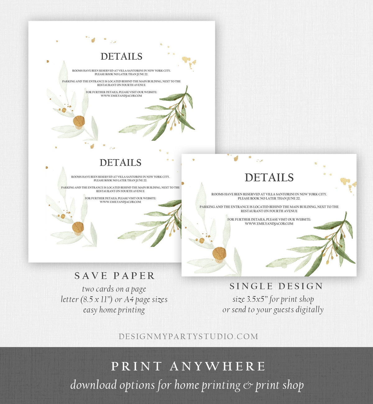 Editable Gold Greenery Details Card Wedding Enclosure Card Insert Card Boho Bohemian Wedding Information Gold Leaves Corjl Template 0168
