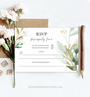 Editable Gold Greenery RSVP Card Wedding Response Card Insert Card Boho Bohemian Wedding Information Gold Leaves Corjl Template 0168