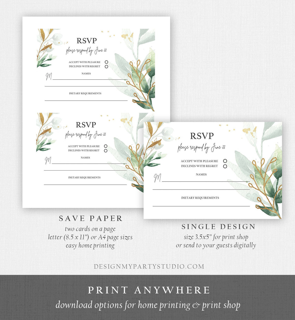 Editable Gold Greenery RSVP Card Wedding Response Card Insert Card Boho Bohemian Wedding Information Gold Leaves Corjl Template 0168
