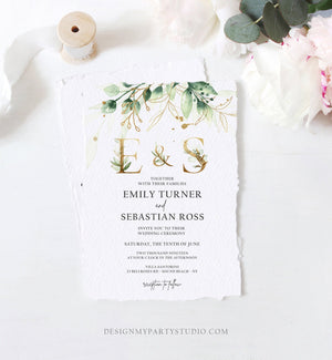 Editable Gold Greenery Monogram Wedding Invitation Bohemian Pink Green Floral Gold Leaves Botanical Flowers Corjl Template Printable 0168