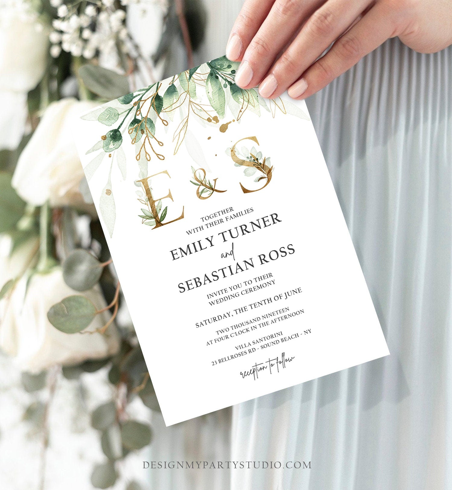 Editable Gold Greenery Monogram Wedding Invitation Bohemian Pink Green Floral Gold Leaves Botanical Flowers Corjl Template Printable 0168