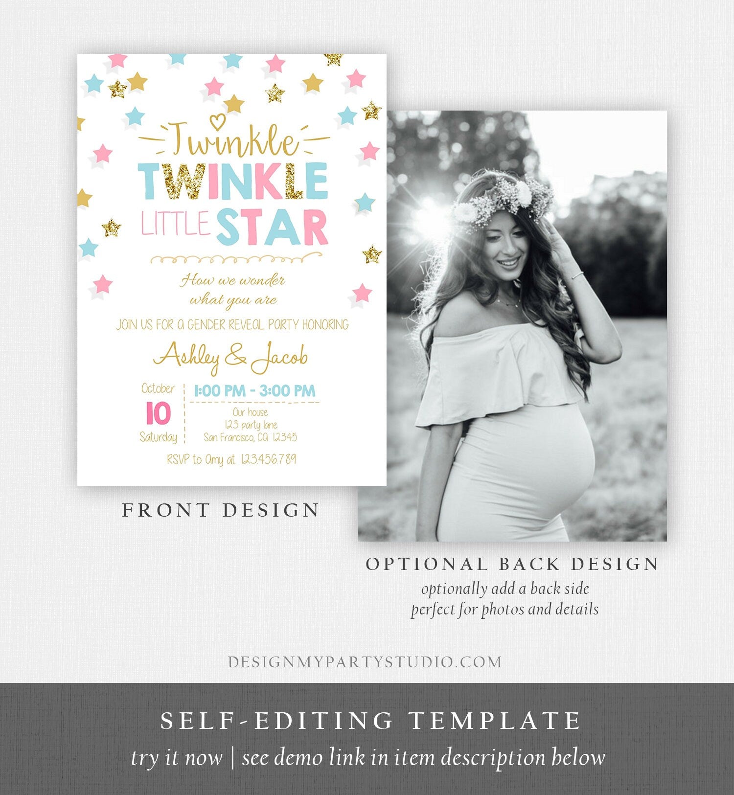 Editable Twinkle Little Star Gender Reveal Invitation Baby Shower Blue or Pink He or She Little Star Download Corjl Template Printable 0028