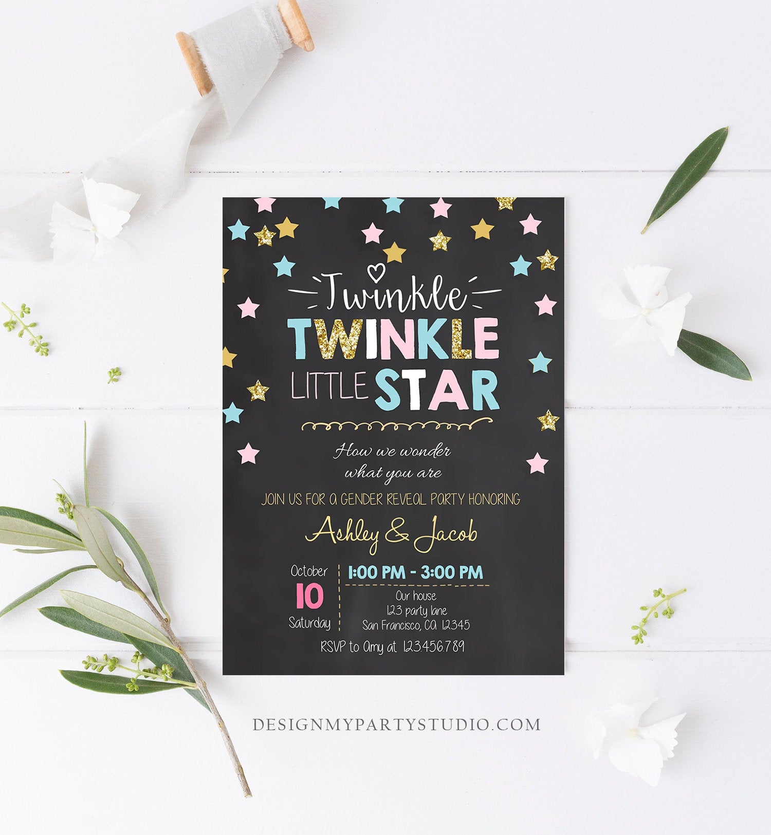 Editable Twinkle Little Star Gender Reveal Invitation Baby Shower Blue or Pink He or She Little Star Download Corjl Template Printable 0028