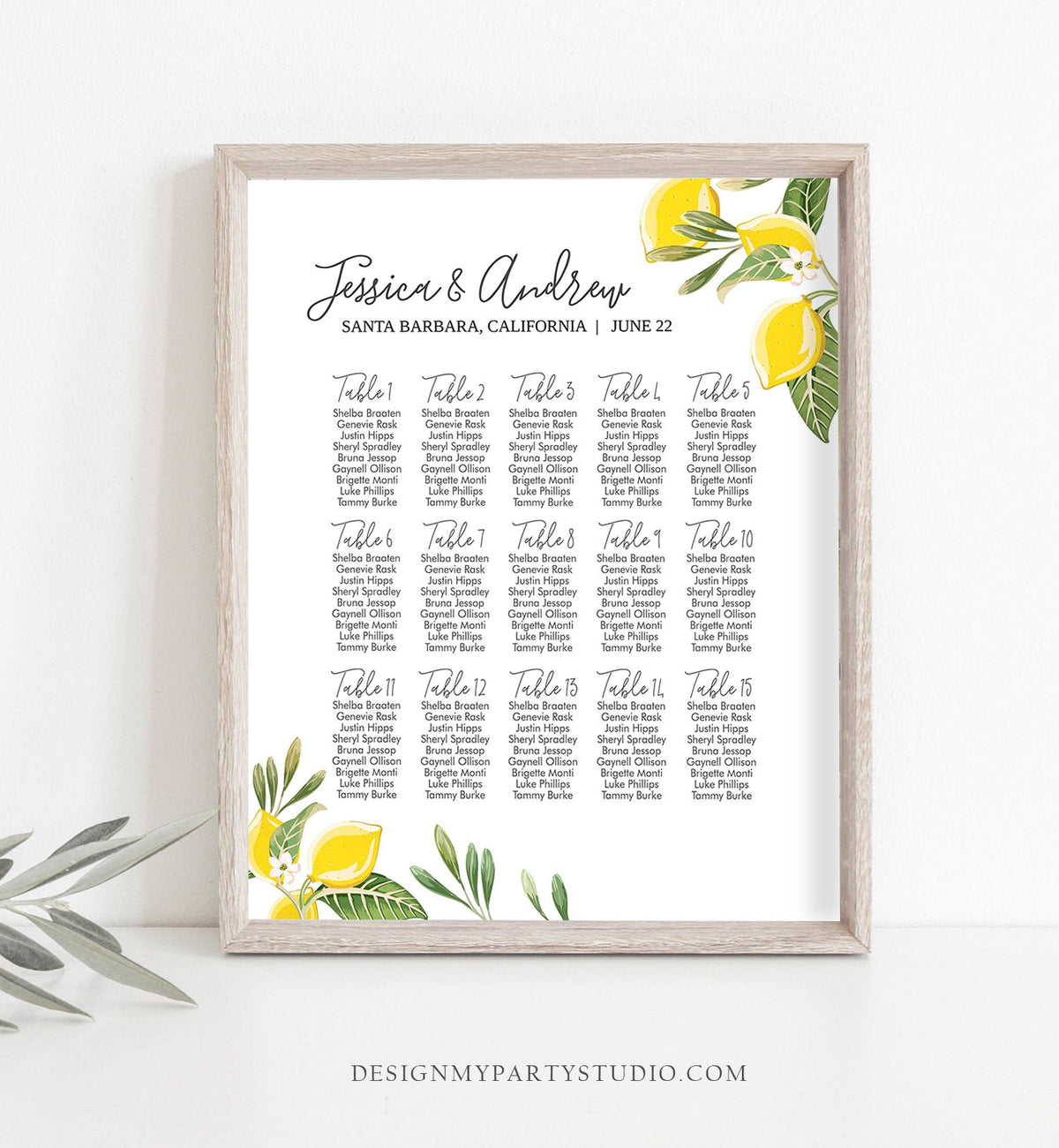 Editable Lemon Seating Chart Sign Wedding Seating Table Sign Greenery Bridal Shower Italian Table Lemonade Corjl Template Printable 0220