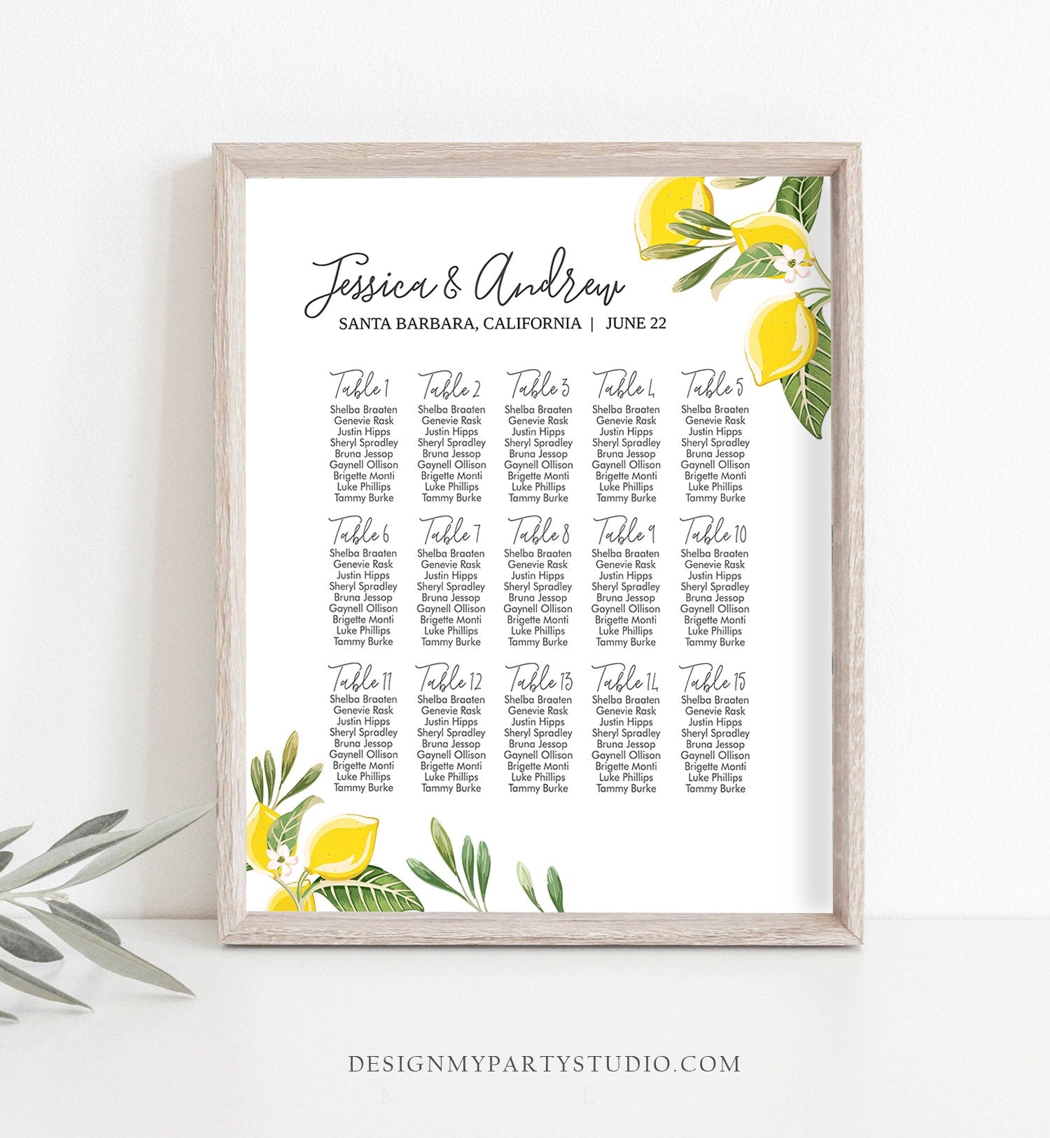 Editable Lemon Seating Chart Sign Wedding Seating Table Sign Greenery Bridal Shower Italian Table Lemonade Corjl Template Printable 0220