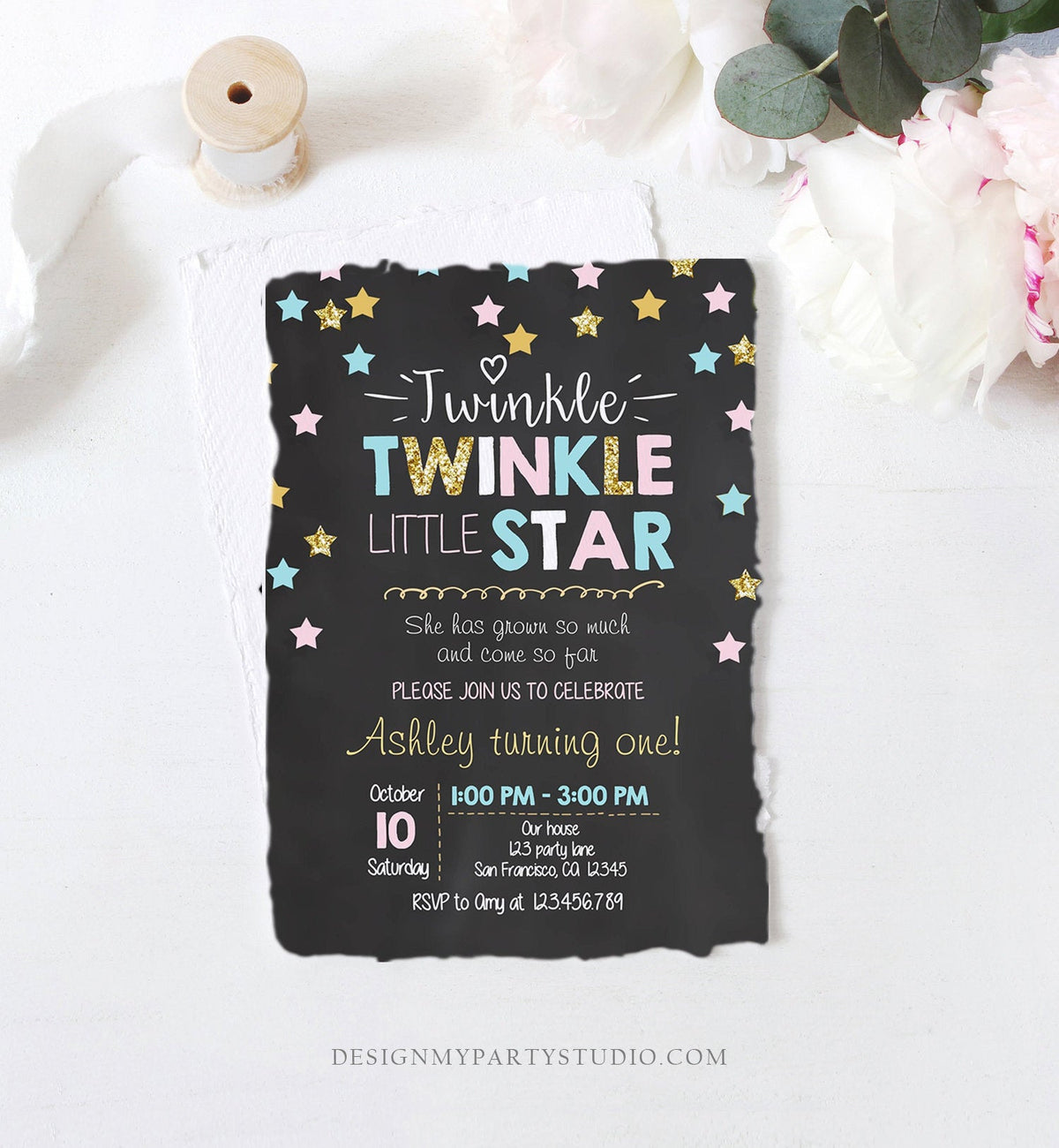 Editable Twinkle Little Star Birthday Invitation Pink Blue Mint Gold Girl First Birthday Chalk Stars Download Corjl Template Printable 0028