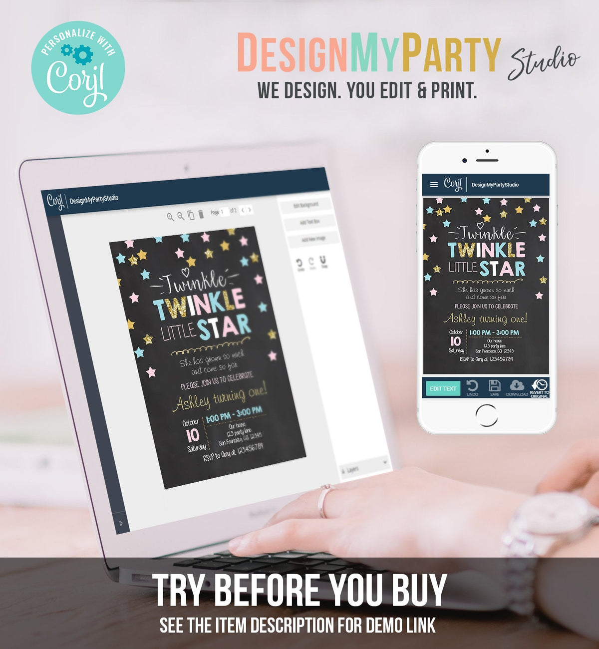 Editable Twinkle Little Star Birthday Invitation Pink Blue Mint Gold Girl First Birthday Chalk Stars Download Corjl Template Printable 0028