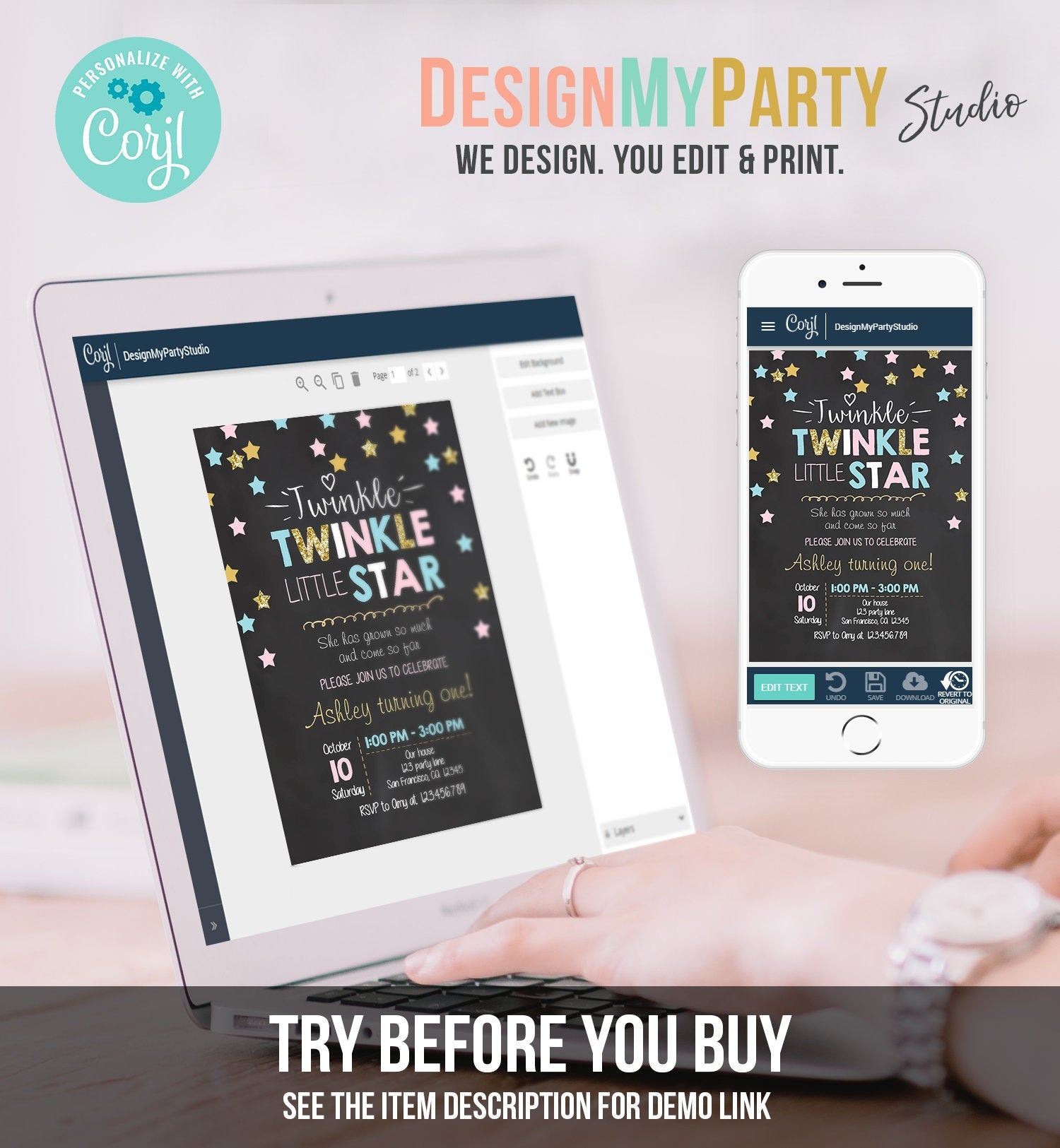 Editable Twinkle Little Star Birthday Invitation Pink Blue Mint Gold Girl First Birthday Chalk Stars Download Corjl Template Printable 0028