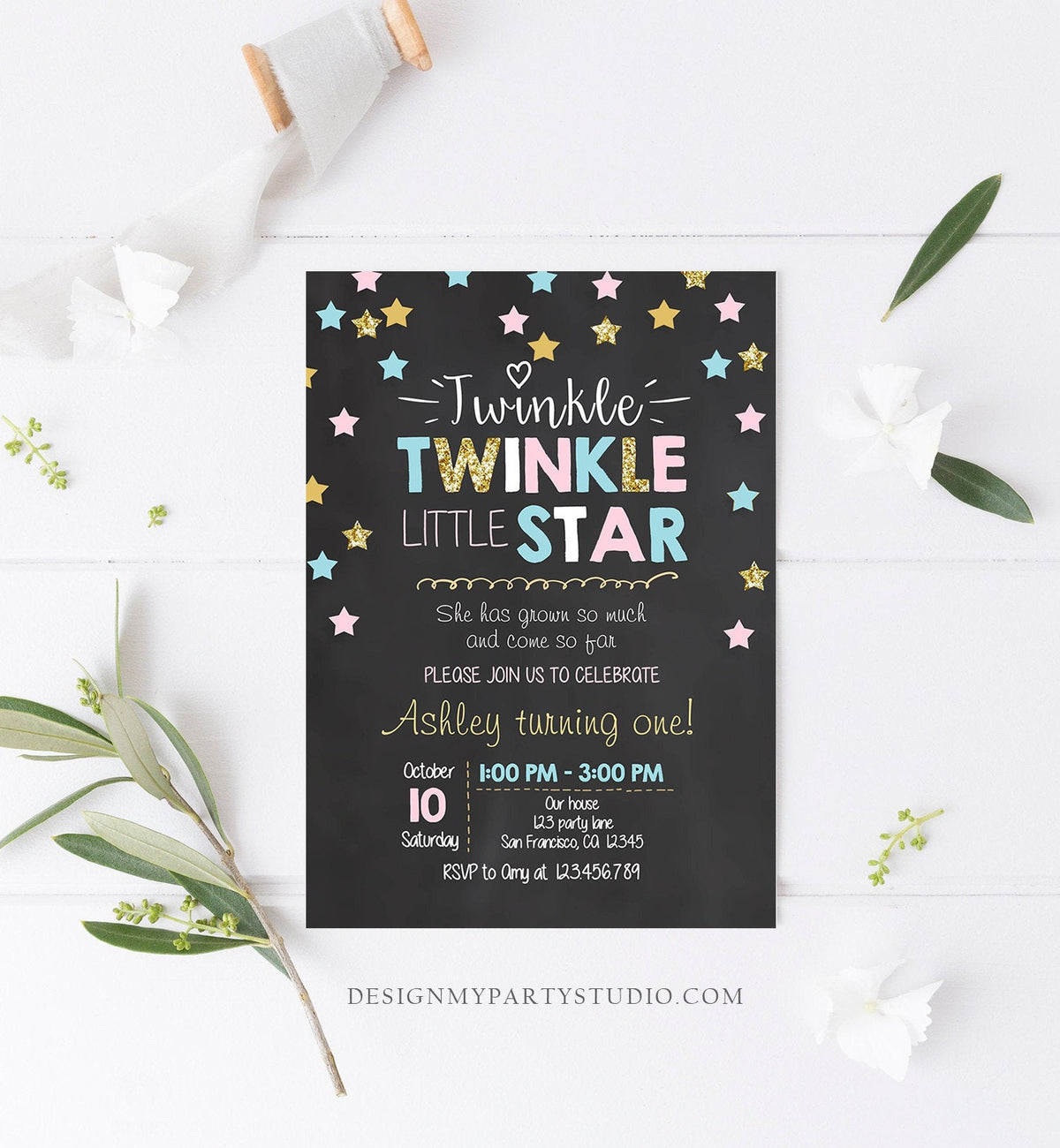 Editable Twinkle Little Star Birthday Invitation Pink Blue Mint Gold Girl First Birthday Chalk Stars Download Corjl Template Printable 0028