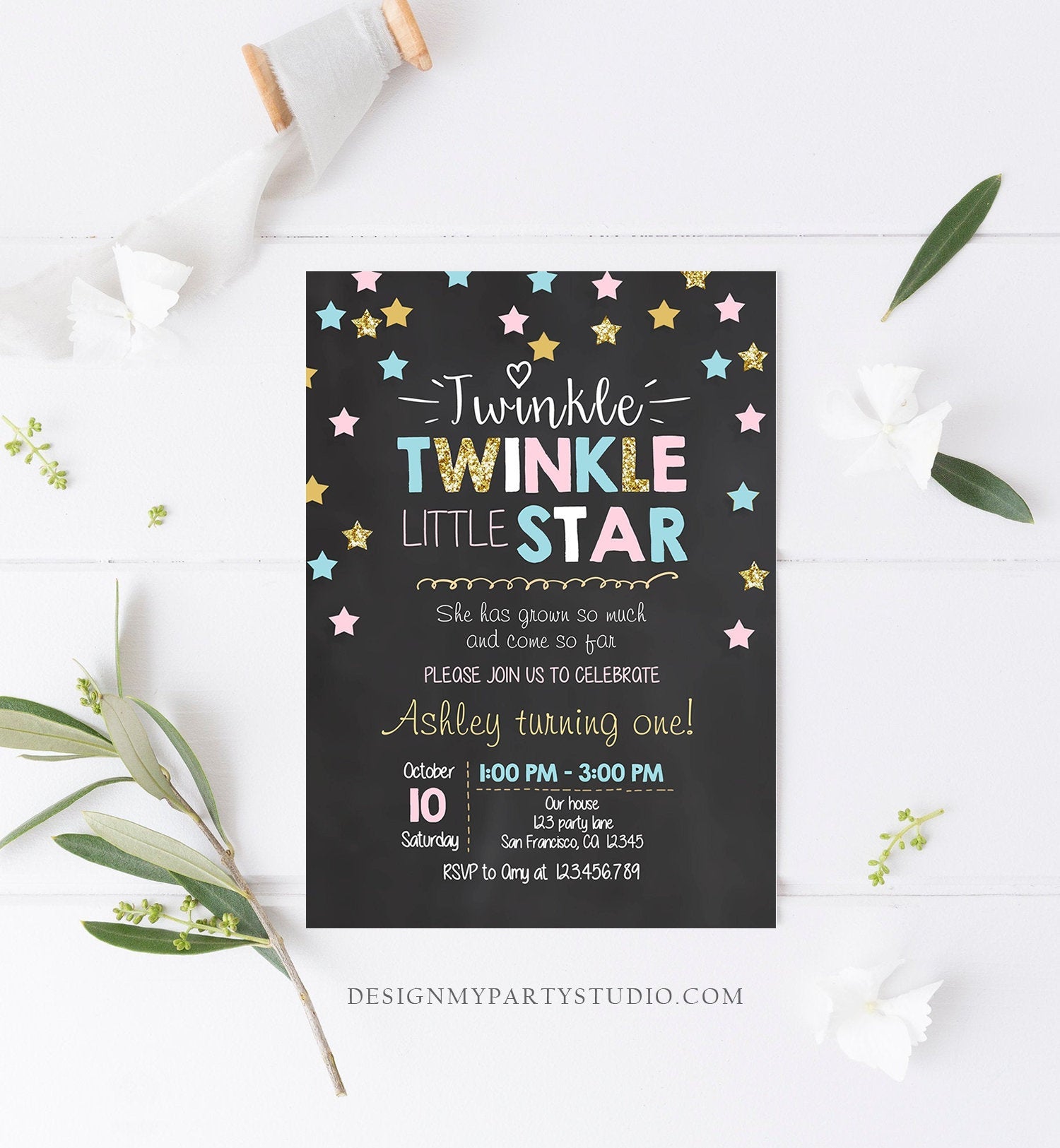 Editable Twinkle Little Star Birthday Invitation Pink Blue Mint Gold Girl First Birthday Chalk Stars Download Corjl Template Printable 0028