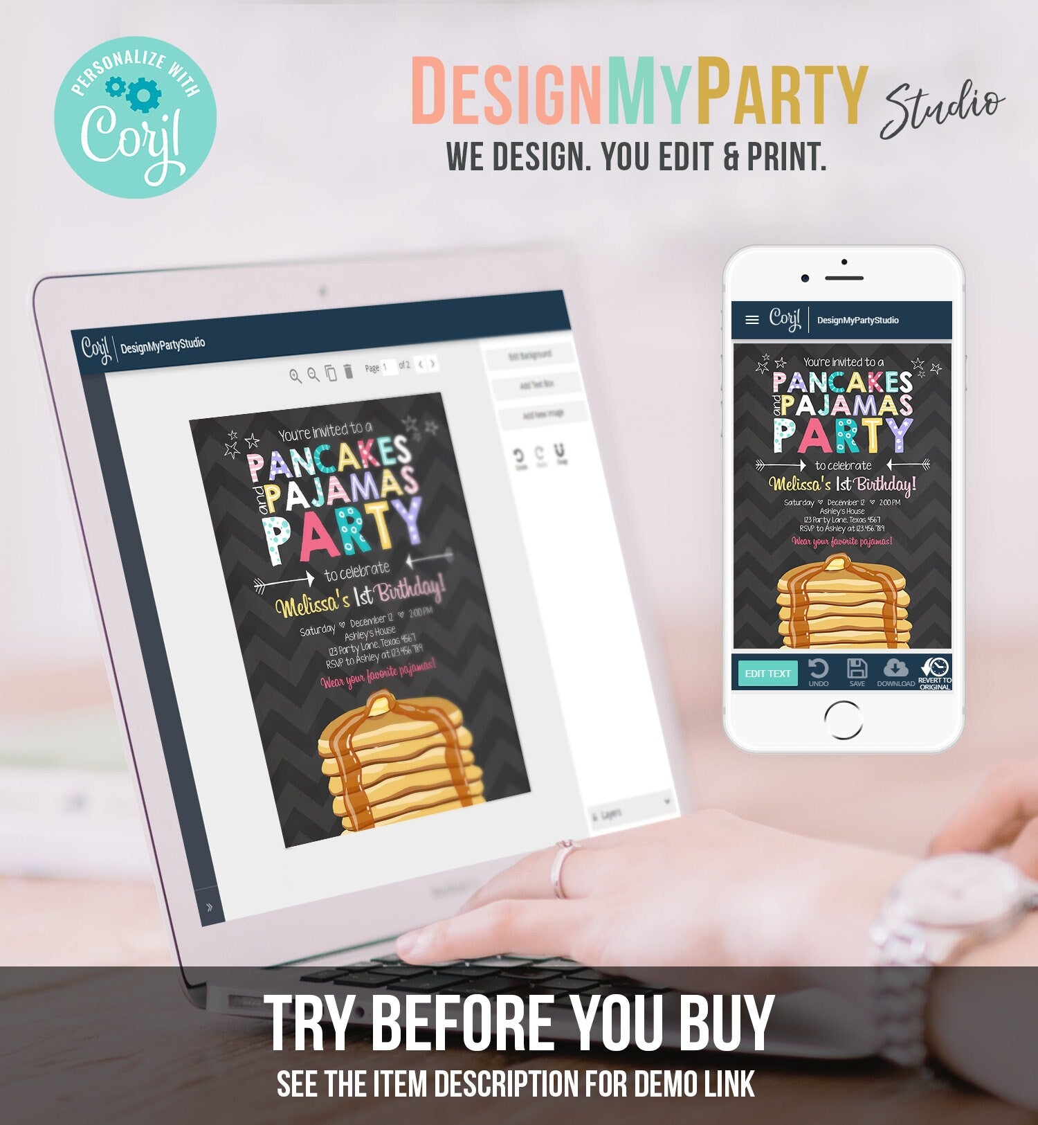 Editable Pancakes and Pajamas Birthday Invitation Girl Birthday Sleepover Pajama PJ Party Pink Download Corjl Template Printable 0313