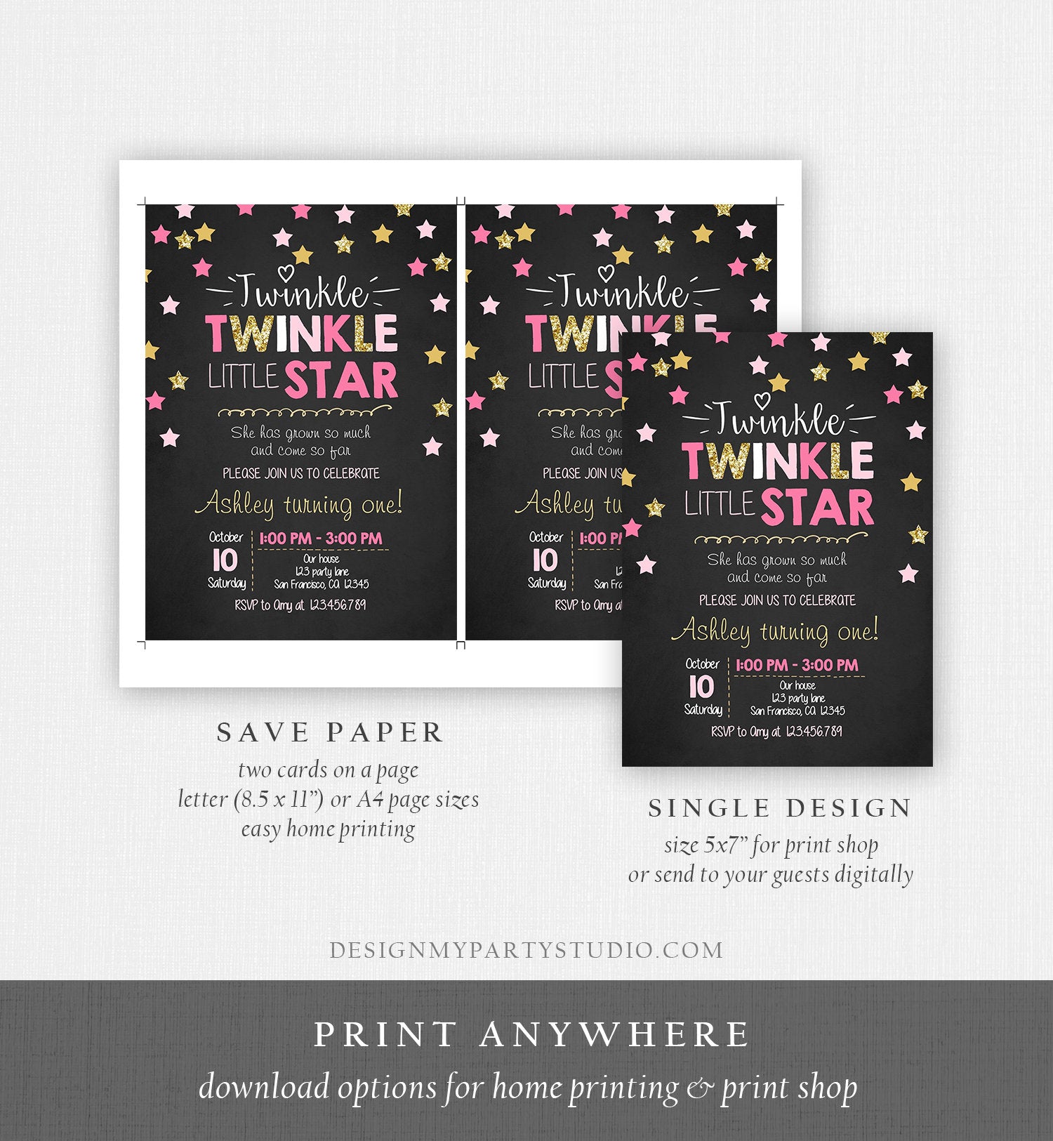 Editable Twinkle Little Star Birthday Invitation Pink Gold Glitter Girl First Birthday Chalk Stars Download Corjl Template Printable 0028