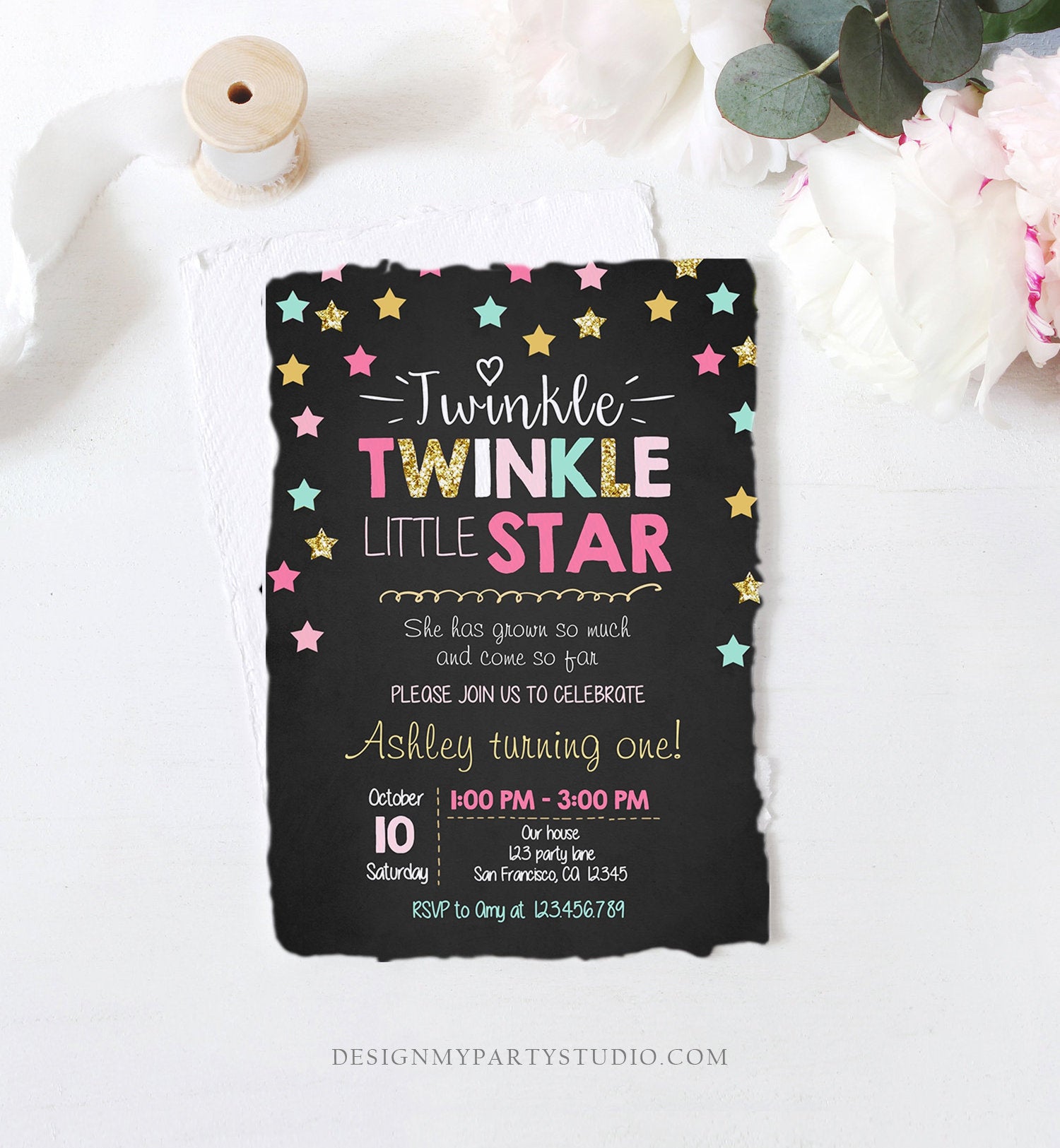 Editable Twinkle Little Star Birthday Invitation Pink Blue Mint Gold Girl First Birthday Chalk Stars Download Corjl Template Printable 0028