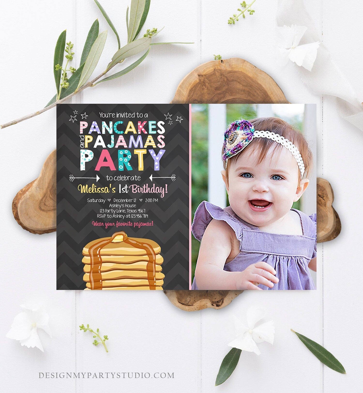 Editable Pancakes and Pajamas Birthday Invitation Girl Birthday Sleepover Pajama PJ Party Pink Photo Download Corjl Template Printable 0313