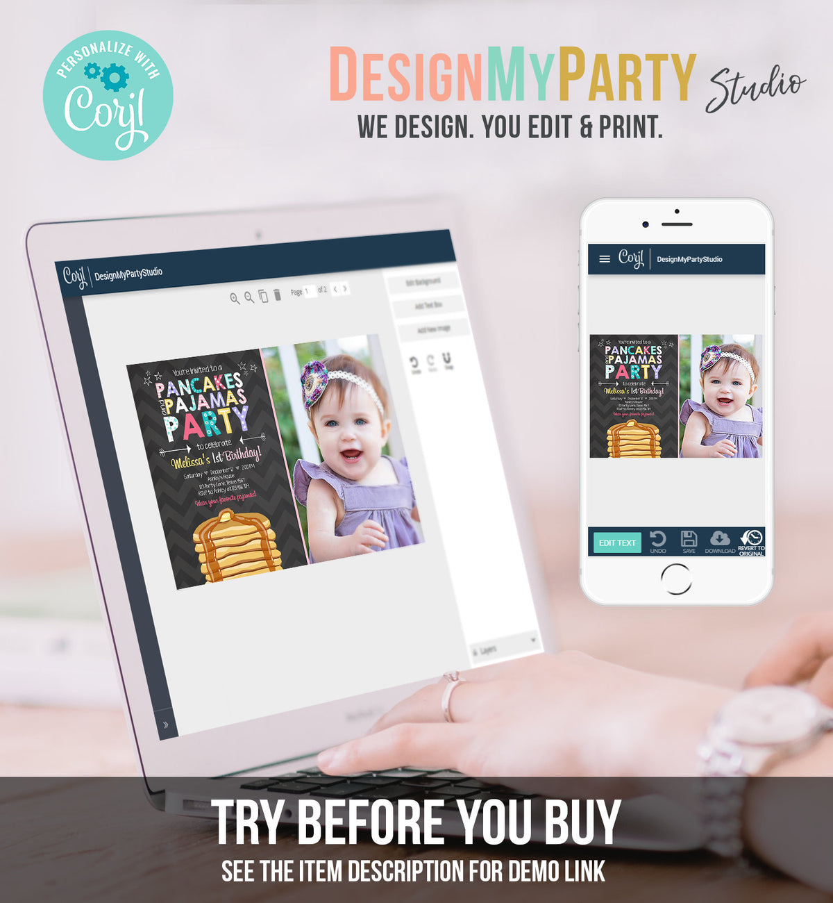 Editable Pancakes and Pajamas Birthday Invitation Girl Birthday Sleepover Pajama PJ Party Pink Photo Download Corjl Template Printable 0313