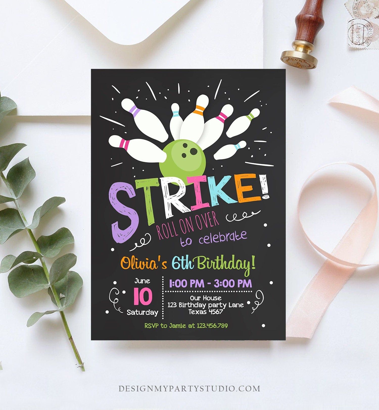 Editable Bowling Birthday Invitation Girls Pink Purple Bowling Party S - Design My Party Studio editable-bowling-birthday-invitation-girls-pink-purple-bowling-party-s-design-my-party-studio