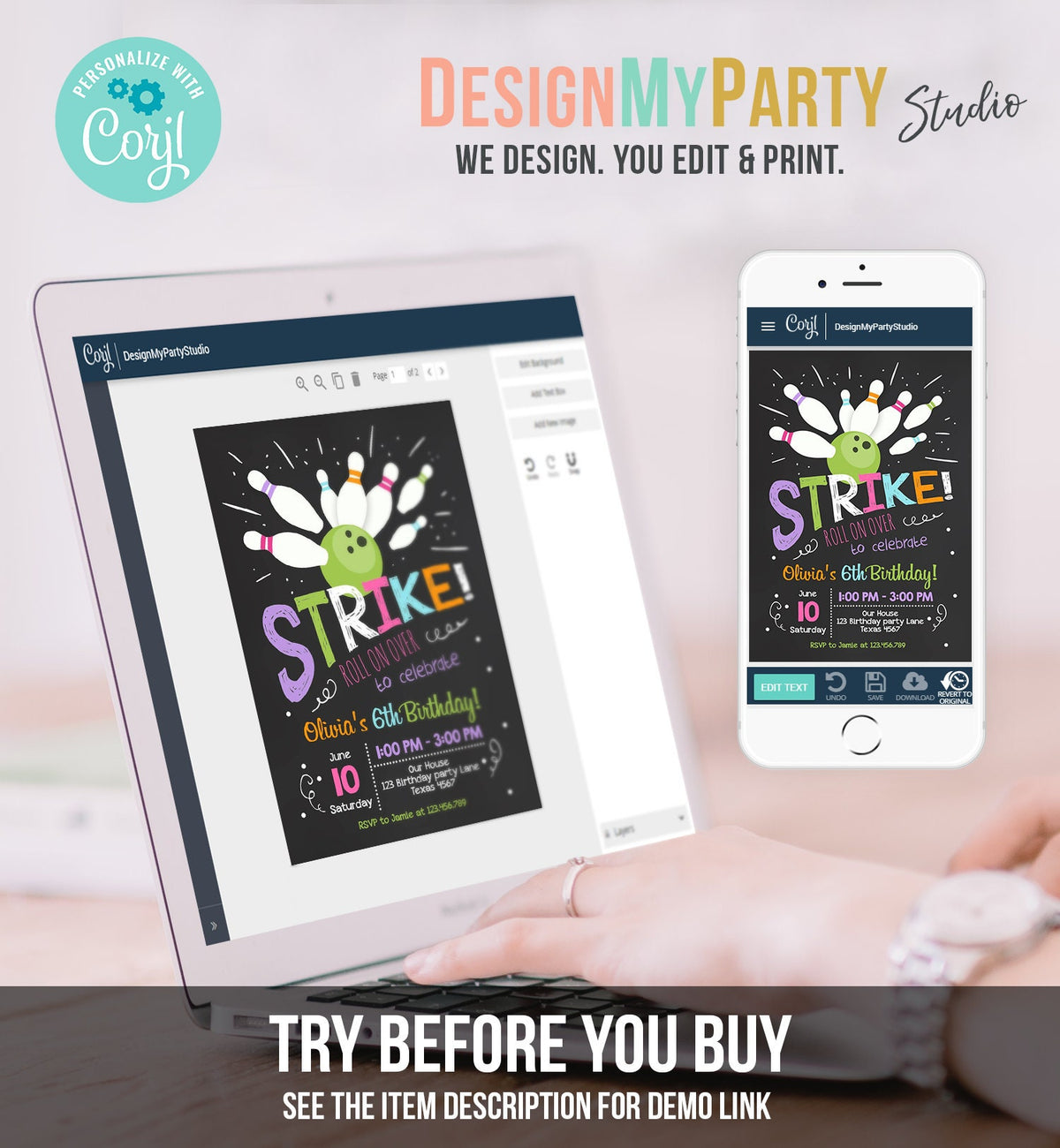 Editable Bowling Birthday Invitation Girls Pink Purple Bowling Party Strike Kids Instant Download Printable Invitation Template Corjl 0081