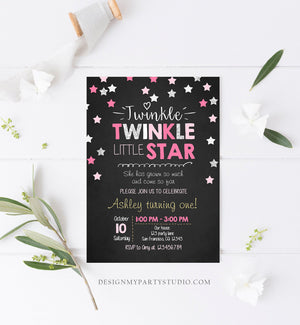 Editable Twinkle Little Star Birthday Invitation Pink Purple Silver Girl First Birthday Chalk Stars Download Corjl Template Printable 0028