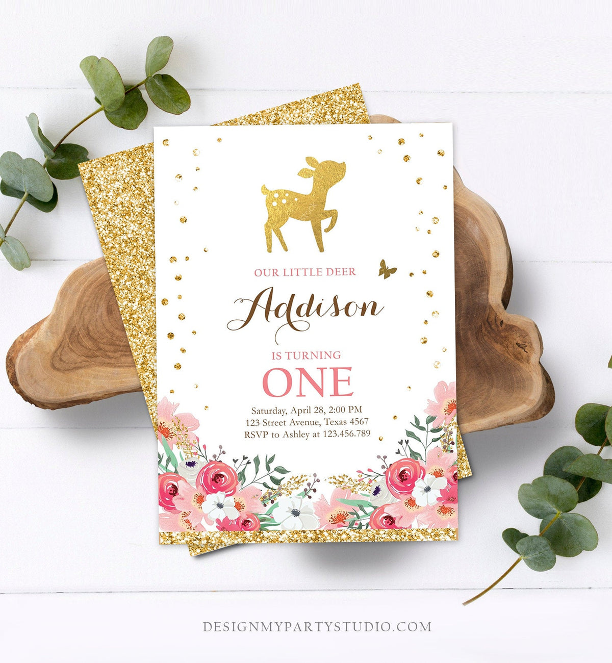 Editable Little Deer Birthday Invitation Pink Gold Girl First Birthday 1st Antler Woodland Digital Download Corjl Template Printable 0060