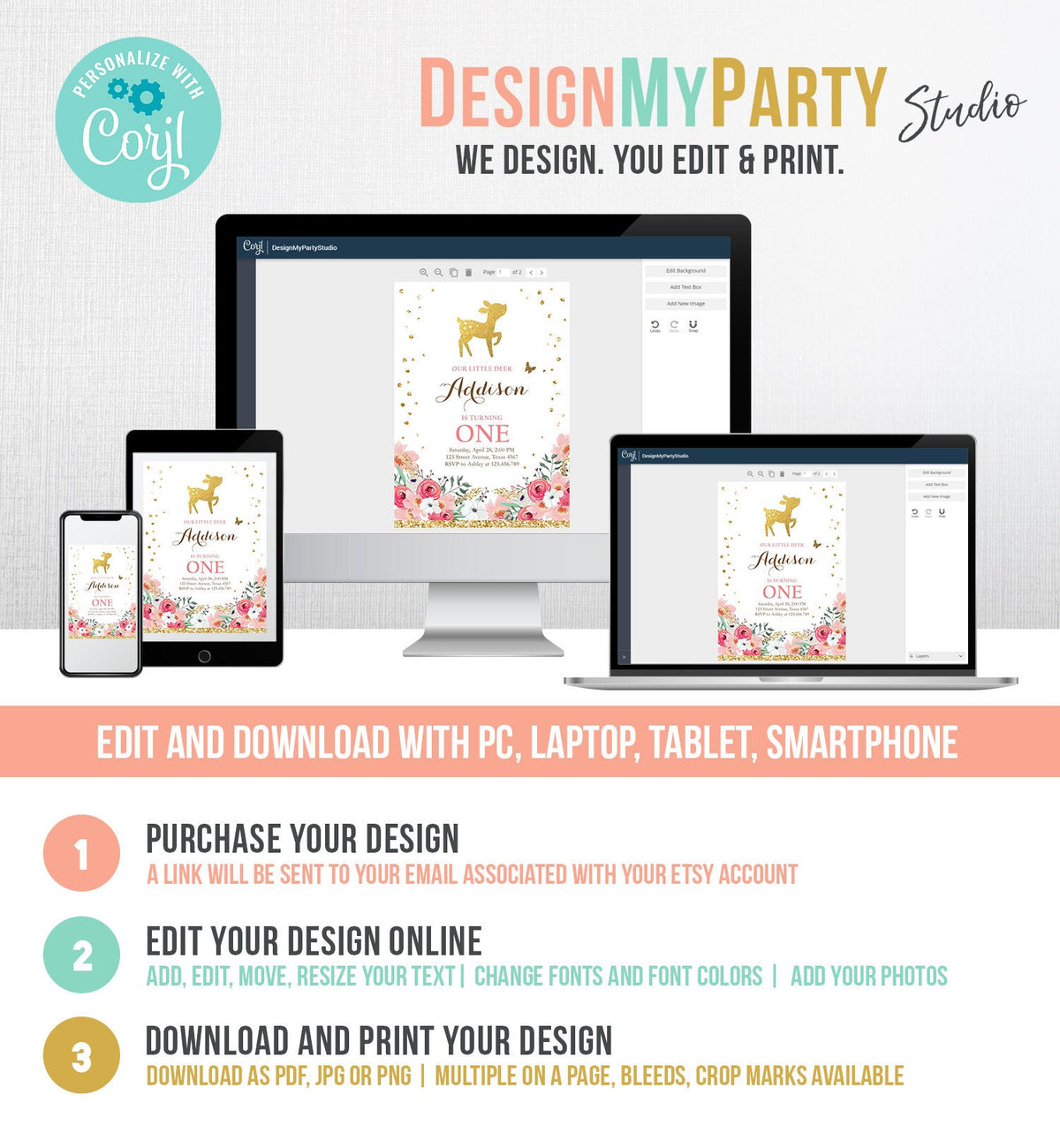 Editable Little Deer Birthday Invitation Pink Gold Girl First Birthday 1st Antler Woodland Digital Download Corjl Template Printable 0060