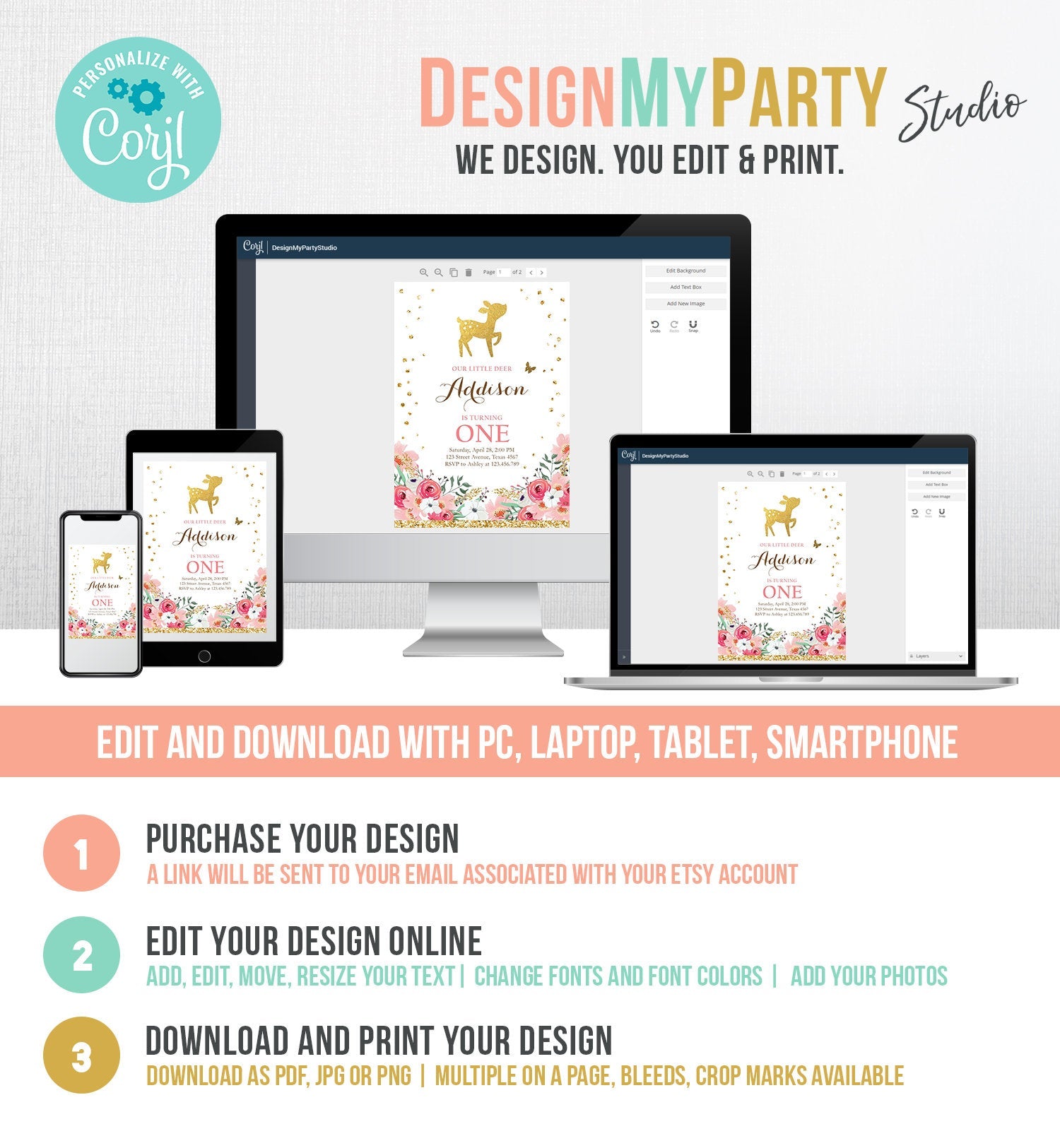 Editable Little Deer Birthday Invitation Pink Gold Girl First Birthday 1st Antler Woodland Digital Download Corjl Template Printable 0060