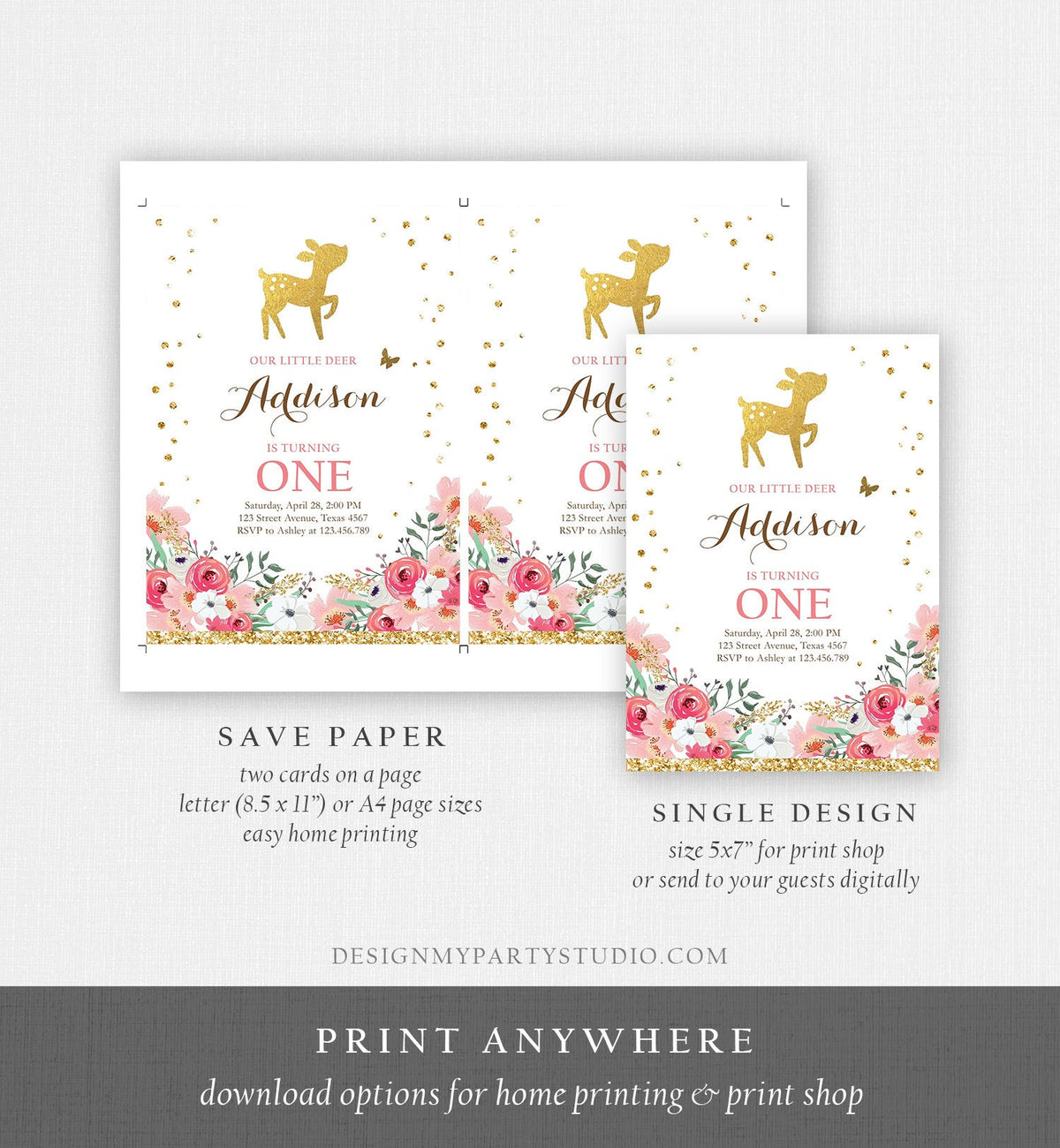 Editable Little Deer Birthday Invitation Pink Gold Girl First Birthday 1st Antler Woodland Digital Download Corjl Template Printable 0060