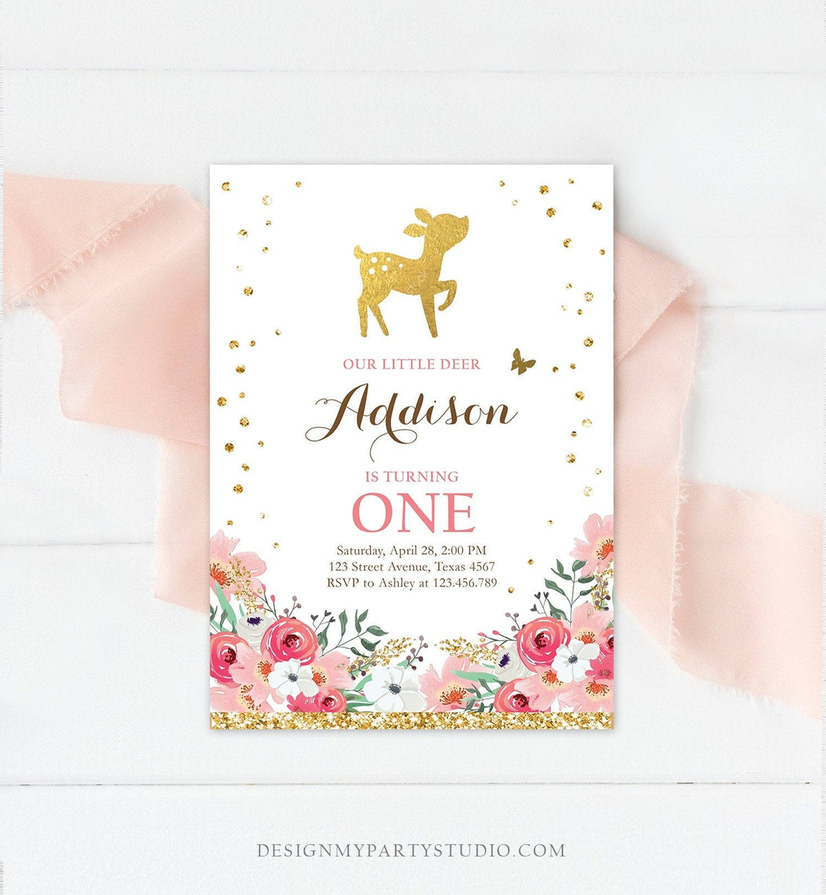 Editable Little Deer Birthday Invitation Pink Gold Girl First Birthday 1st Antler Woodland Digital Download Corjl Template Printable 0060
