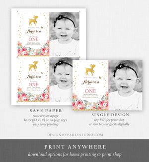 Editable Little Deer Birthday Invitation Pink Gold Girl First Birthday 1st Antler Woodland Digital Download Corjl Template Printable 0060