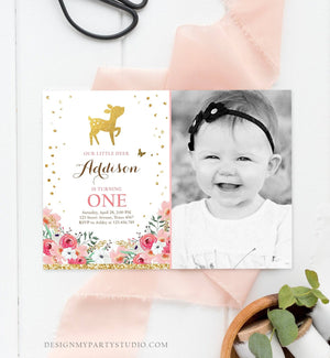Editable Little Deer Birthday Invitation Pink Gold Girl First Birthday 1st Antler Woodland Digital Download Corjl Template Printable 0060