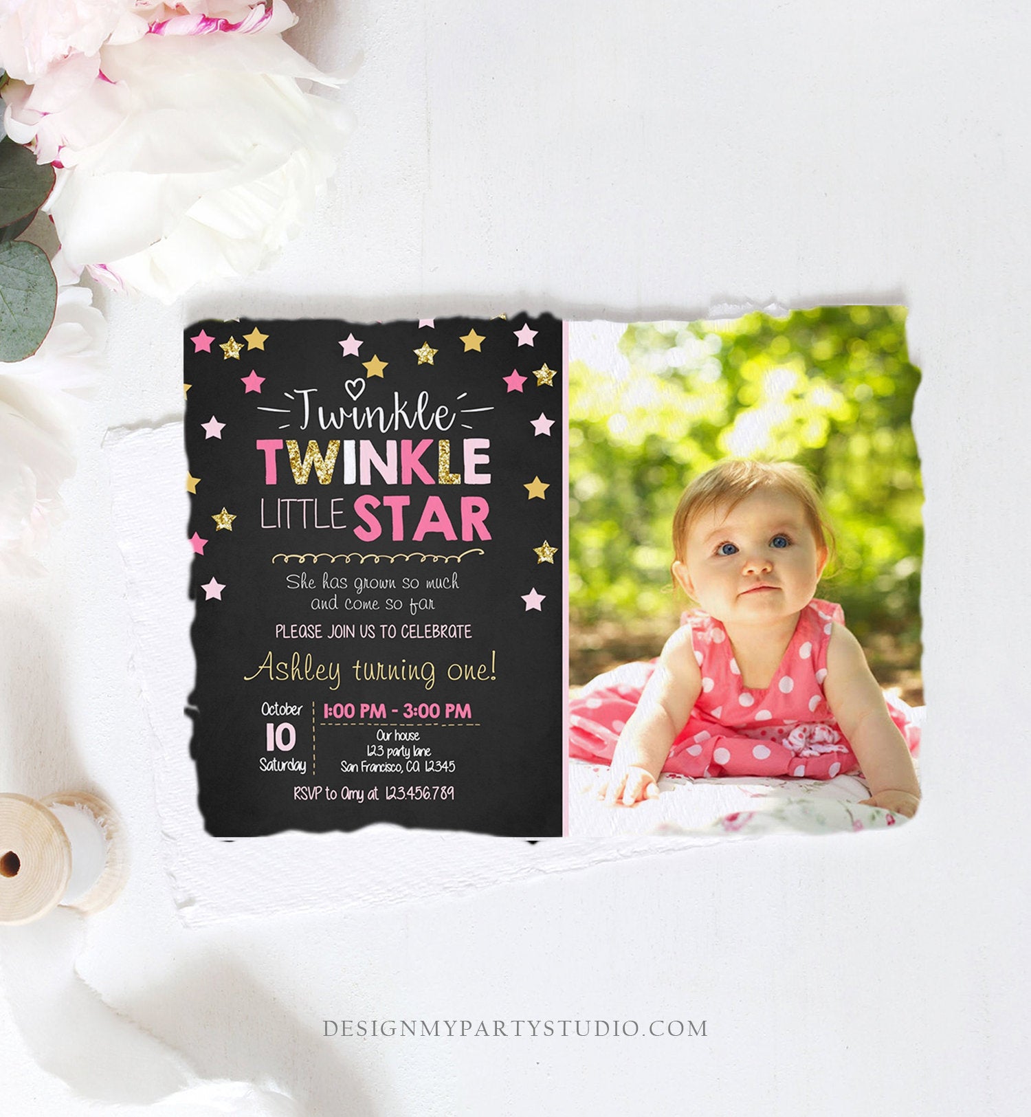 Editable Twinkle Little Star Birthday Invitation Pink Gold Photo Girl First Birthday Chalk Stars Download Corjl Template Printable 0028