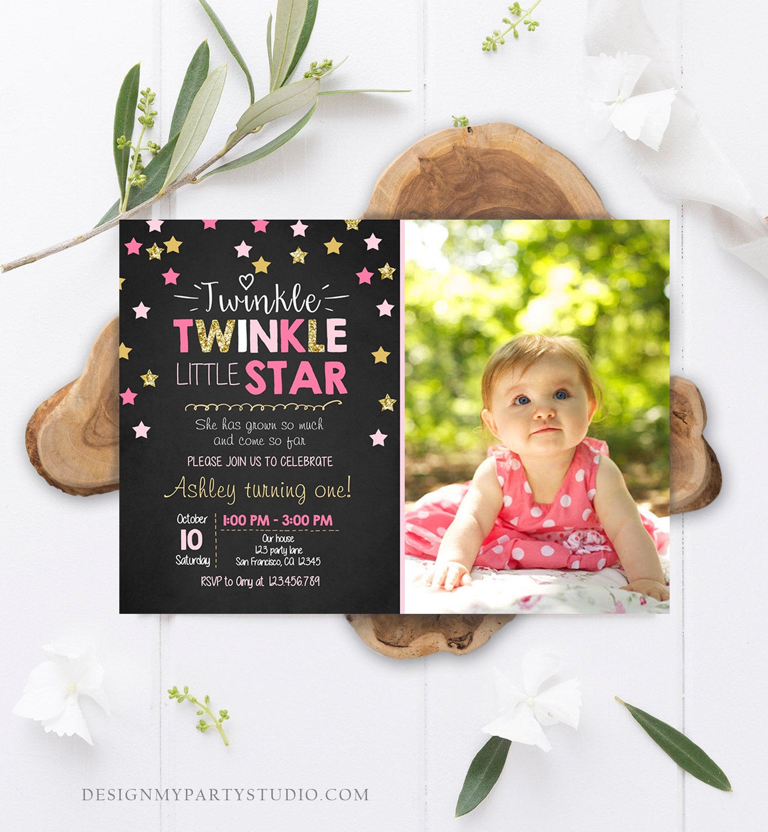 Editable Twinkle Little Star Birthday Invitation Pink Gold Photo Girl First Birthday Chalk Stars Download Corjl Template Printable 0028