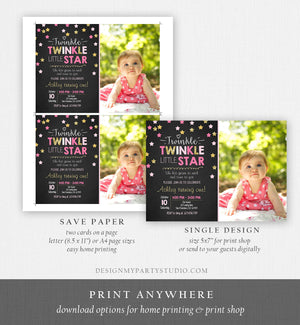 Editable Twinkle Little Star Birthday Invitation Pink Gold Photo Girl First Birthday Chalk Stars Download Corjl Template Printable 0028