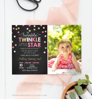 Editable Twinkle Little Star Birthday Invitation Pink Gold Photo Girl First Birthday Chalk Stars Download Corjl Template Printable 0028