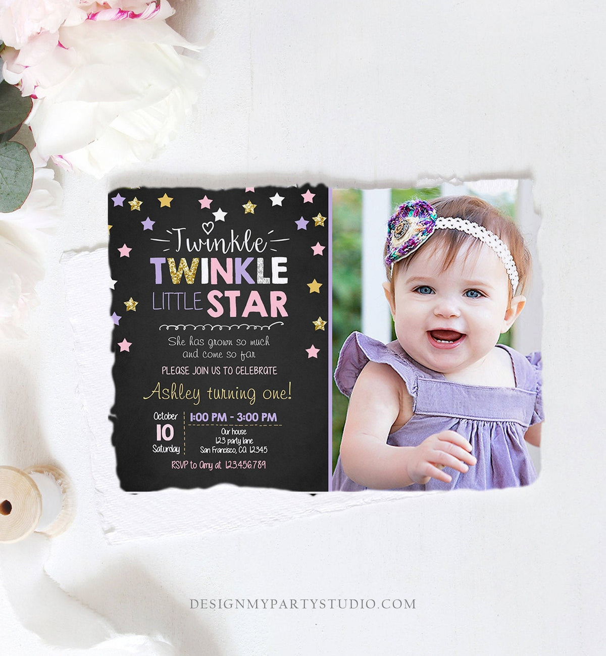 Editable Twinkle Little Star Birthday Invitation Pink Purple Gold Girl First Birthday Chalk Stars Download Corjl Template Printable 0028