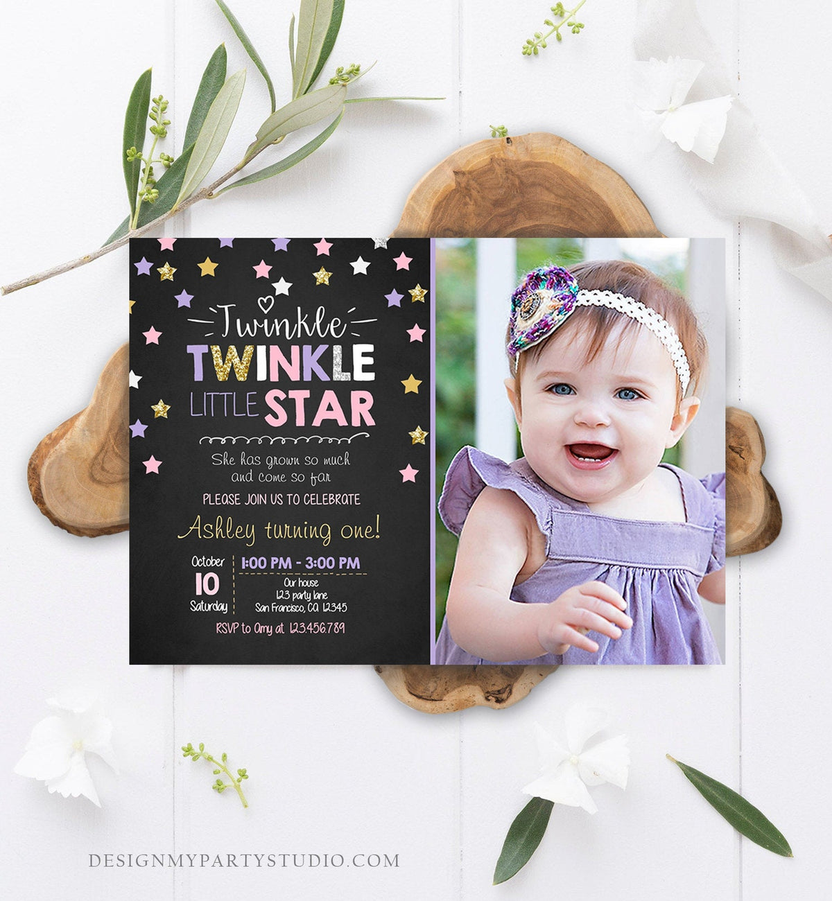 Editable Twinkle Little Star Birthday Invitation Pink Purple Gold Girl First Birthday Chalk Stars Download Corjl Template Printable 0028