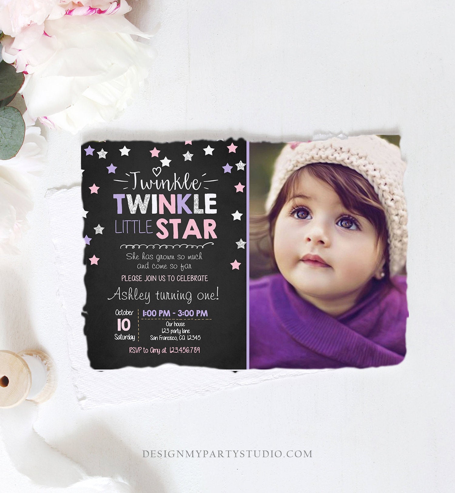 Editable Twinkle Little Star Birthday Invitation Pink Blue Mint Gold Girl First Birthday Chalk Stars Download Corjl Template Printable 0028