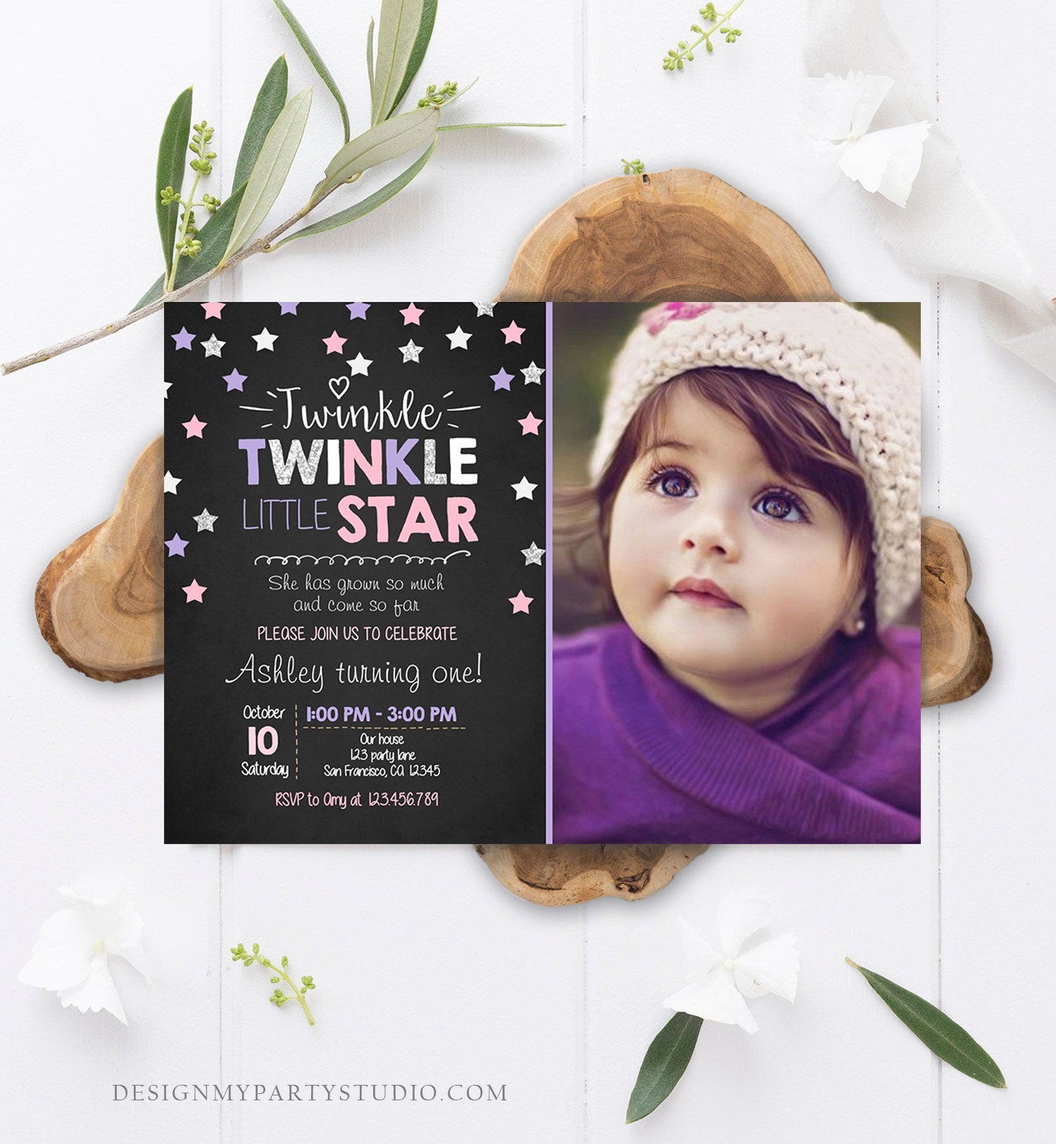 Editable Twinkle Little Star Birthday Invitation Pink Blue Mint Gold Girl First Birthday Chalk Stars Download Corjl Template Printable 0028