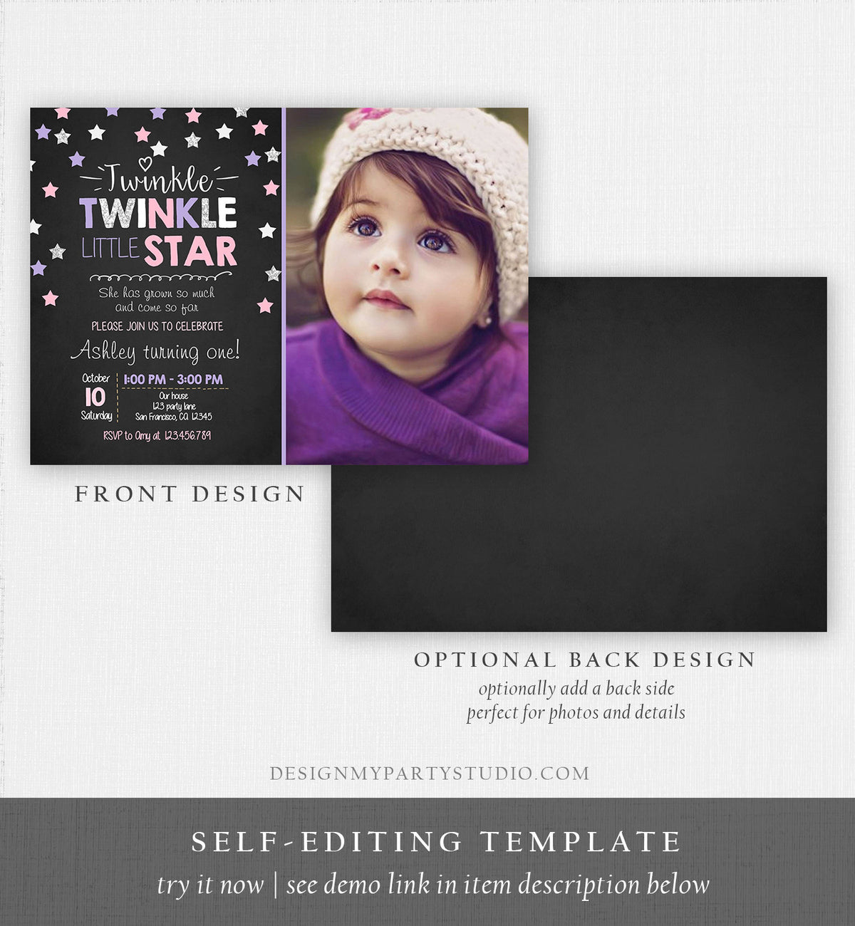 Editable Twinkle Little Star Birthday Invitation Pink Blue Mint Gold Girl First Birthday Chalk Stars Download Corjl Template Printable 0028