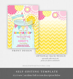 Editable Sunshine Lemonade Birthday Invitation Pink Girl Sunshine Party Lemonade Invitation 1st Birthday Printable Template Corjl 0214
