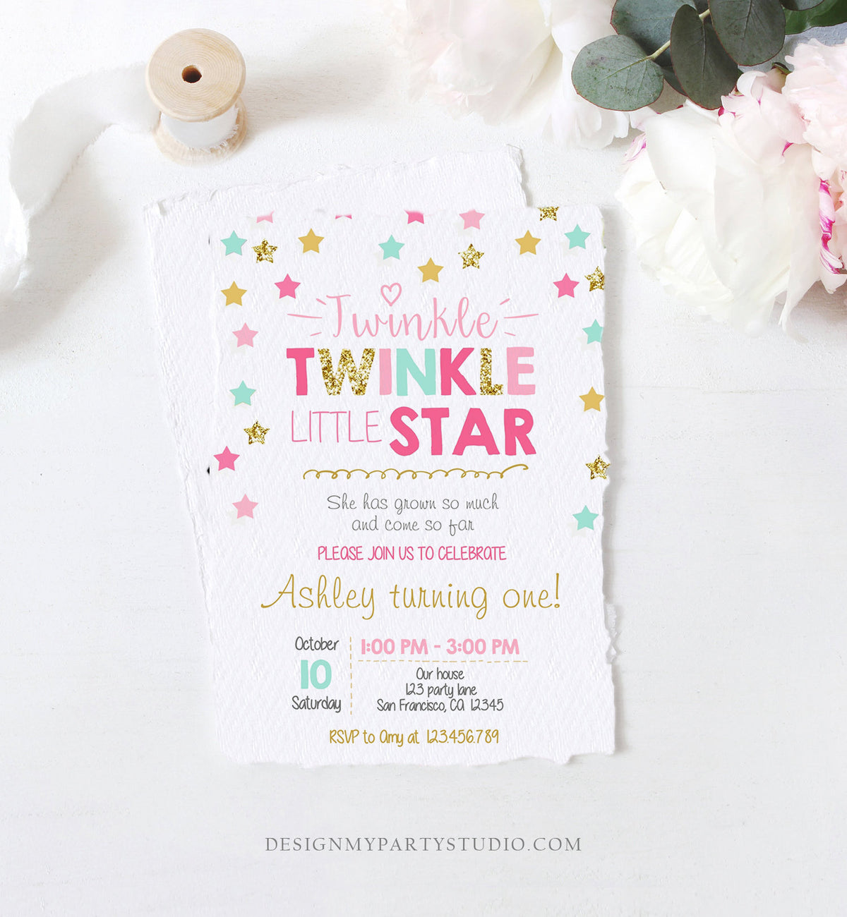 Editable Twinkle Little Star Birthday Invitation Pink Blue Mint Gold Girl First Birthday Chalk Stars Download Corjl Template Printable 0028