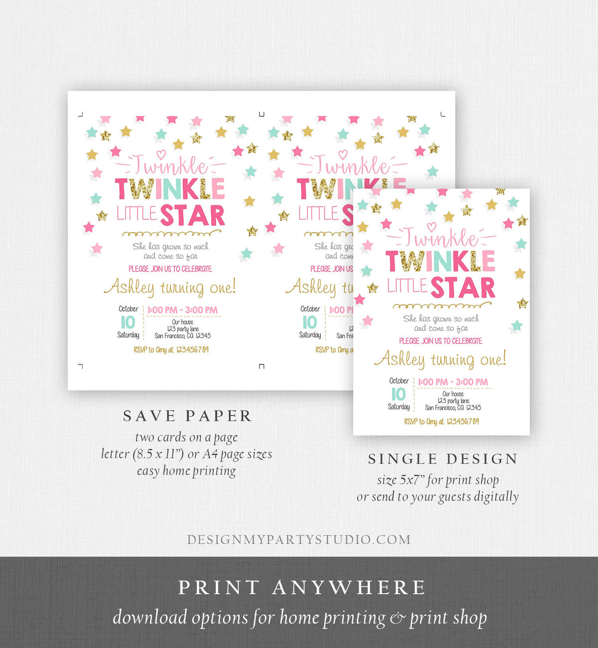 Editable Twinkle Little Star Birthday Invitation Pink Blue Mint Gold Girl First Birthday Chalk Stars Download Corjl Template Printable 0028