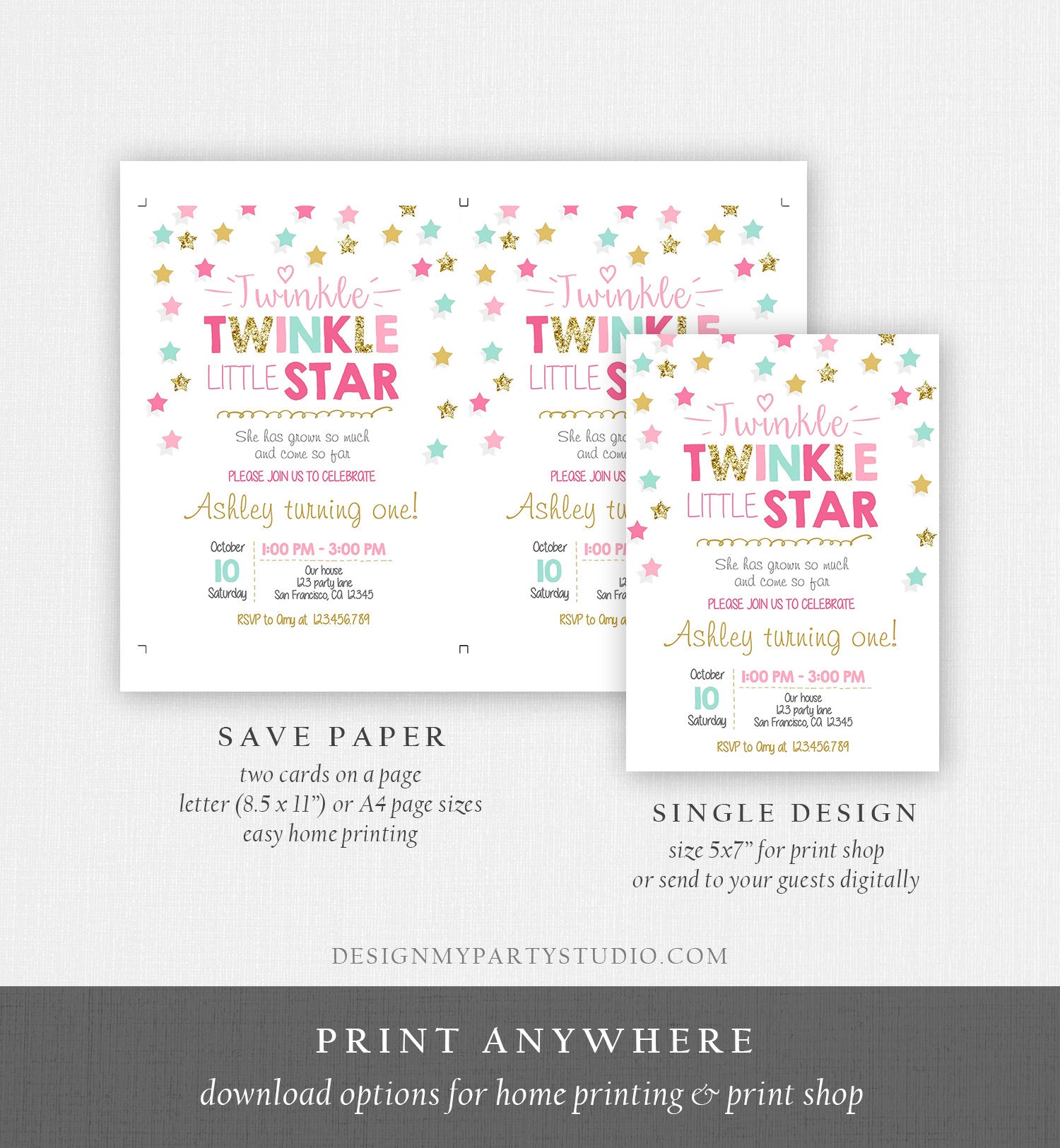 Editable Twinkle Little Star Birthday Invitation Pink Blue Mint Gold Girl First Birthday Chalk Stars Download Corjl Template Printable 0028