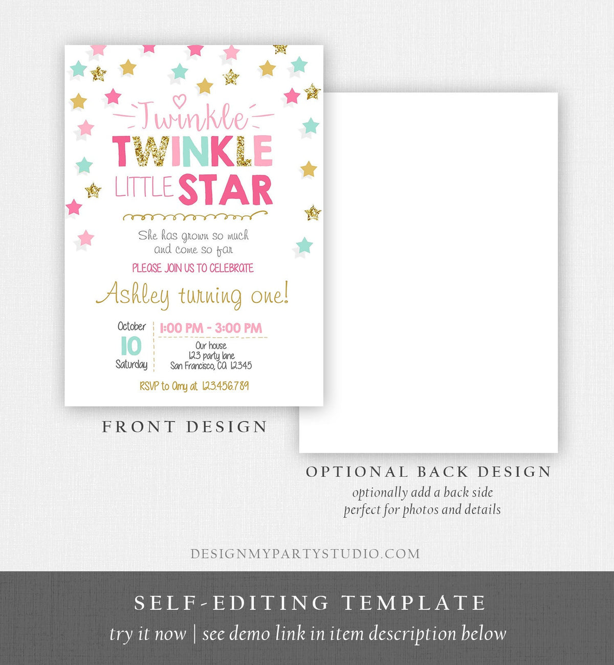 Editable Twinkle Little Star Birthday Invitation Pink Blue Mint Gold Girl First Birthday Chalk Stars Download Corjl Template Printable 0028