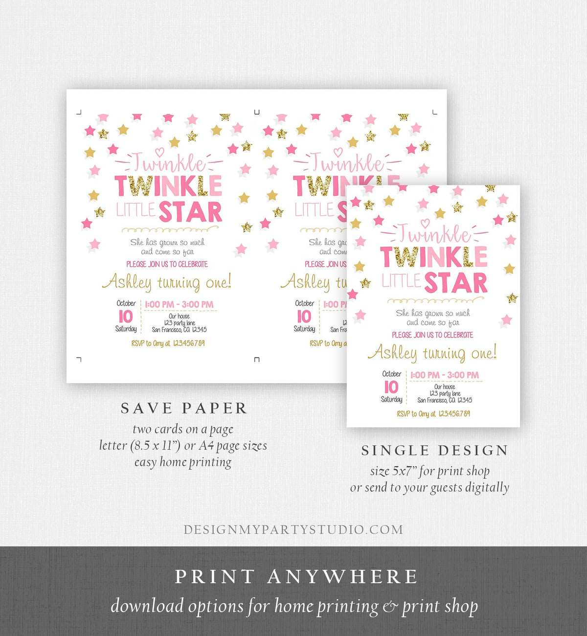 Editable Twinkle Little Star Birthday Invitation Pink Gold Glitter Girl First Birthday Chalk Stars Download Corjl Template Printable 0028
