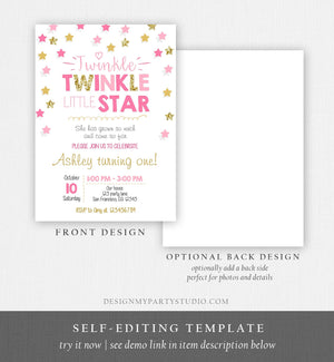 Editable Twinkle Little Star Birthday Invitation Pink Gold Glitter Girl First Birthday Chalk Stars Download Corjl Template Printable 0028