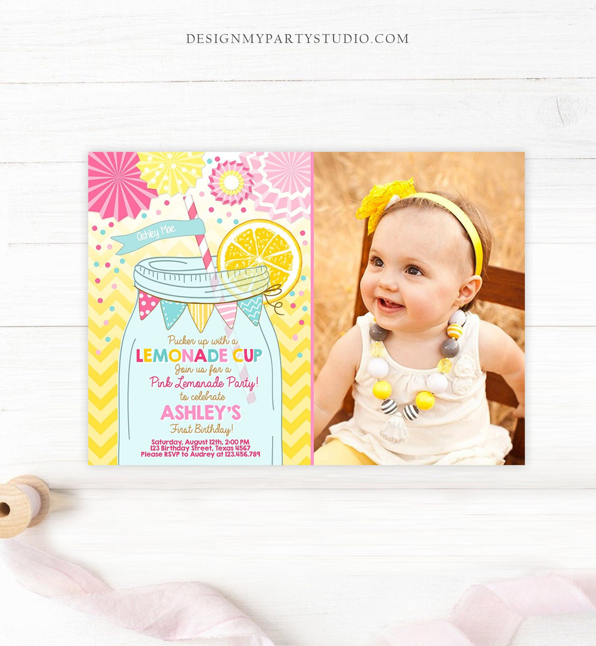 Editable Sunshine Lemonade Birthday Invitation Pink Girl Sunshine Party Lemonade Invitation 1st Birthday Printable Template Corjl 0214