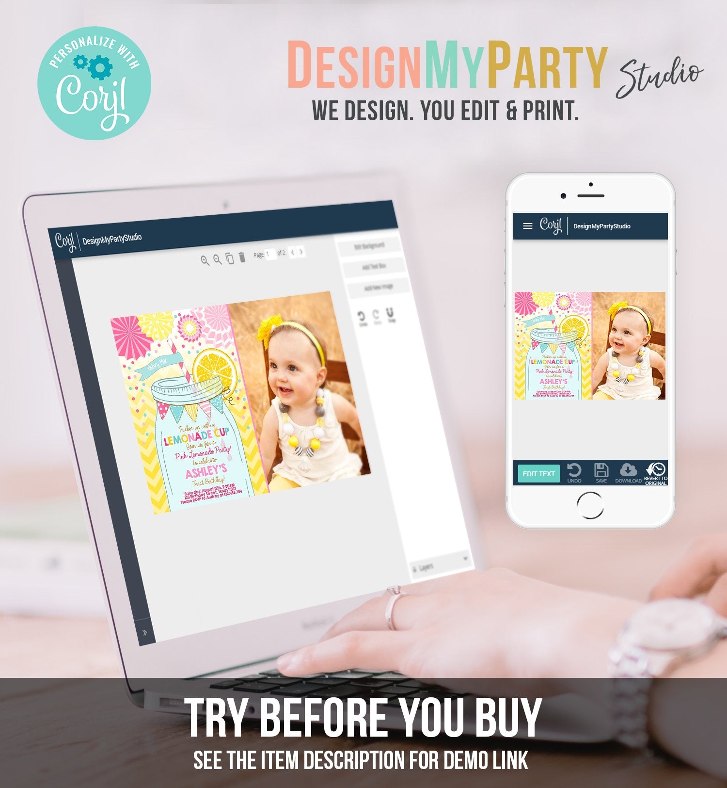 Editable Sunshine Lemonade Birthday Invitation Pink Girl Sunshine Party Lemonade Invitation 1st Birthday Printable Template Corjl 0214